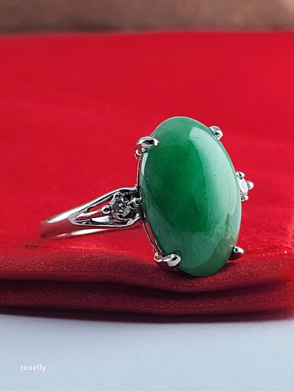 14K White Gold Jade and Genuine Diamond Ring Size 7.25 - Solid Gold! 👌🎁